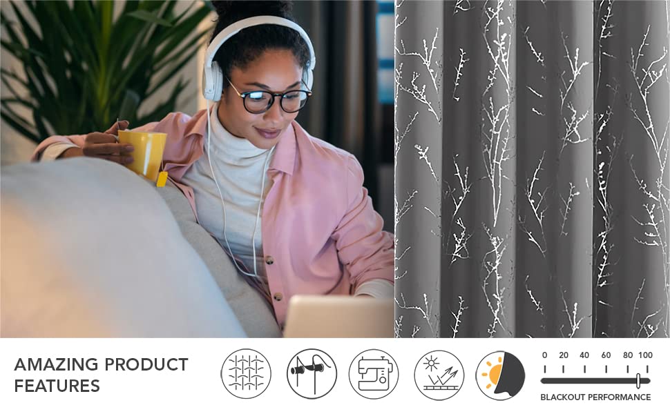 Living Room Curtains 84 Inches Long (Light Grey/Tree Branch / 52"W x 84"L (Pack of 2))