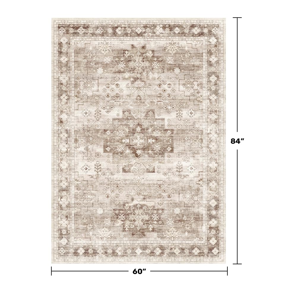 Washable Neutral Farmhouse Living Room Rug (5' x 7' (Rectangular) / Latte / Beige)
