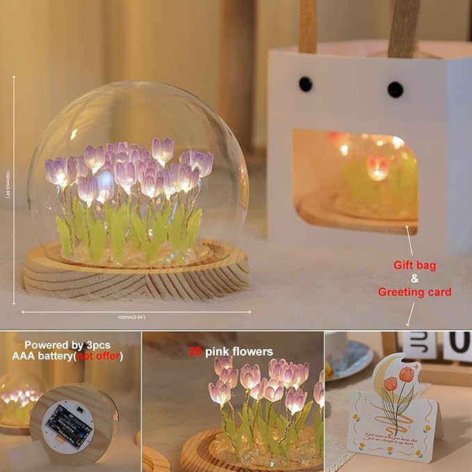 (20 Flower) Assembled Tulip Lamp Night Light with Glass Dome, Cool Handmade Artificial Flower Table Lamp Bedroom Desk Decoration for Women Girlfriend Sister Besties Birthday Christmas Gift (Purple)