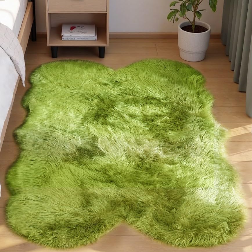 Fluffy Sheepskin Green Rugs 4x6 for Bedroom Shag Soft Faux Fur Rug Furry Bedside Rug Shaggy Fuzzy Carpet Playroom Washable Sheepskin (4' x 6' (Sheepskin) / Olive Green)