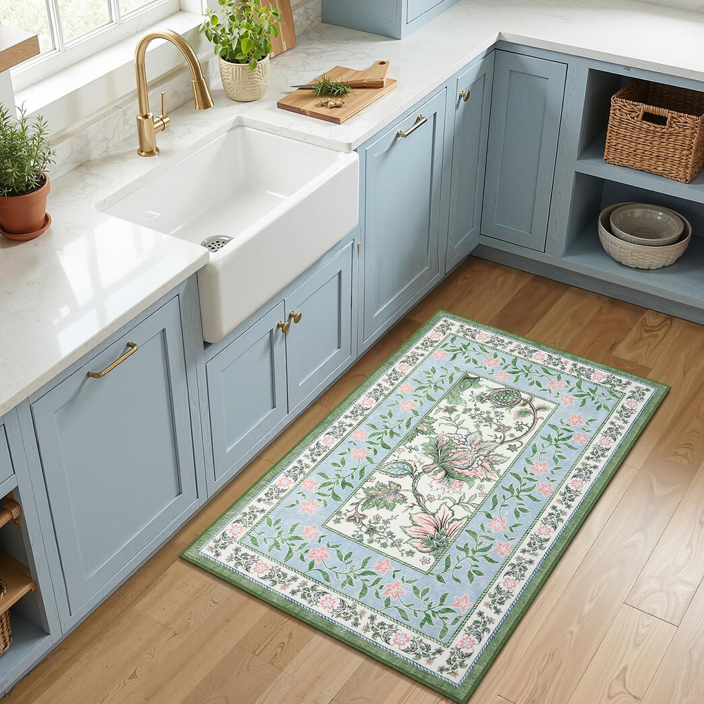 Blue Green Pink 2x3 Door Mat Indoor Rugs for Entryway Provence Small Botanical Grove Cottage core Washable Non (Blue Green Pink / 2' x 3' (Rectangular))