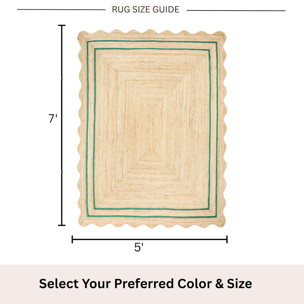 Wave Scalloped Jute Rug Entryway Natural Boho Area Rug Green 5'x7' (5'x7' / Emerald Green)