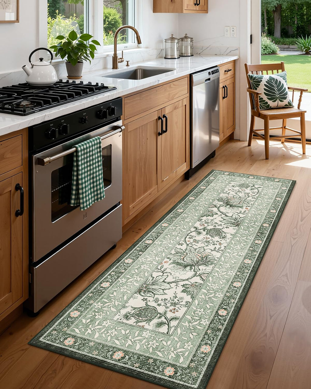 Sage Green 2x6 Washable Kitchen Runner Rugs Non Slip Provence Vintage Boho Cottage Long Rug for Hallways Bedroom Entryway Bathroom Mat with Rubber Back (Sage Grove / 2' x 6' (Runner))