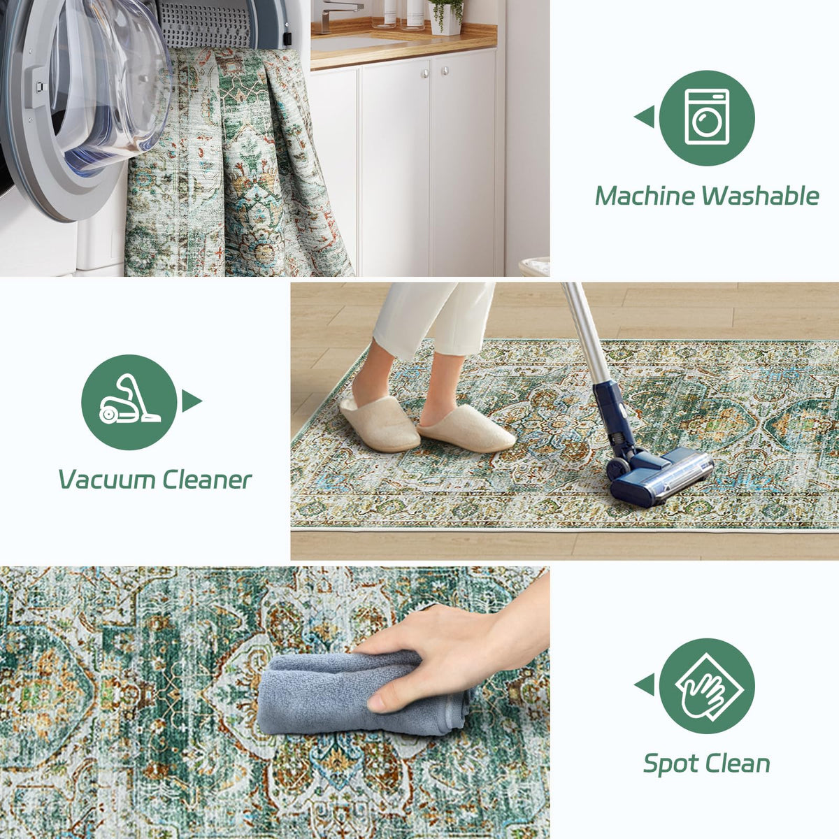 Washable Runner Rugs 2x12 Long for Hallway Kitchen Soft (Green / 2' x 12' (Runner))