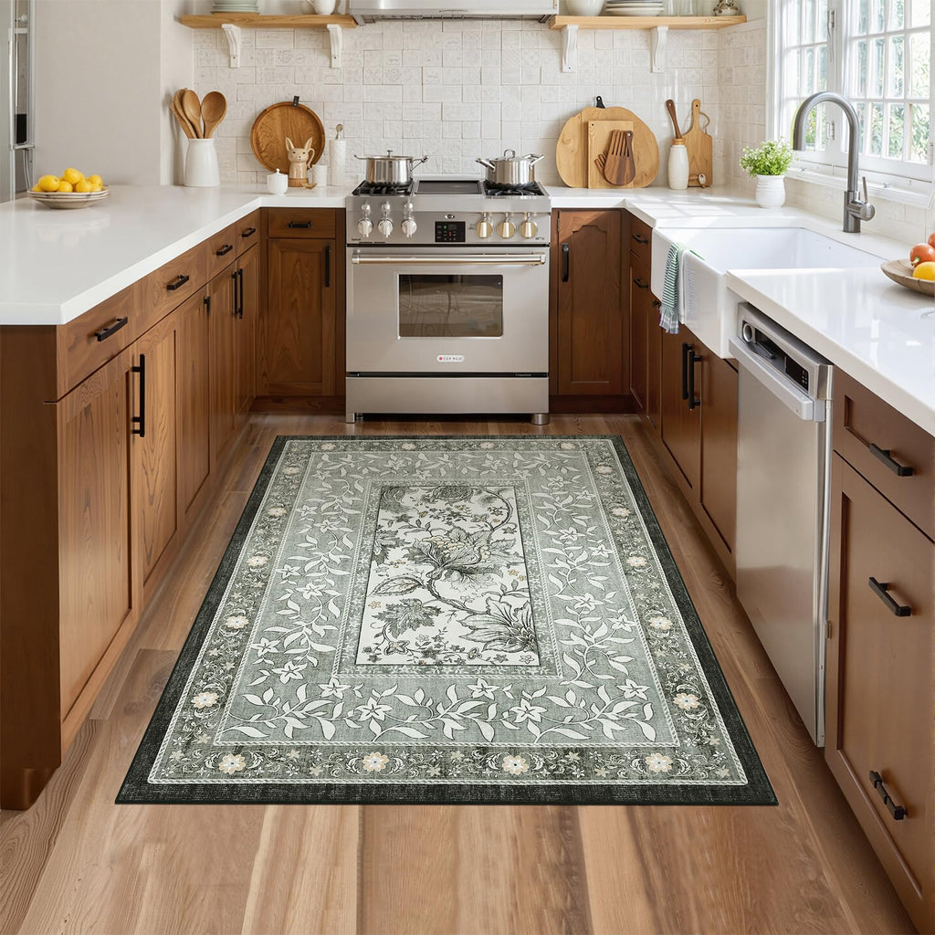 Provence Botanical Grove 4x6 Rug Vintage Cottagecore Soft Gray Fog Green 4x6 Washable Rug for Bedroom Living Room Nursery Kitchen Entryway Indoor Mat (Provence Fog / 4' x 6' (Rectangular))