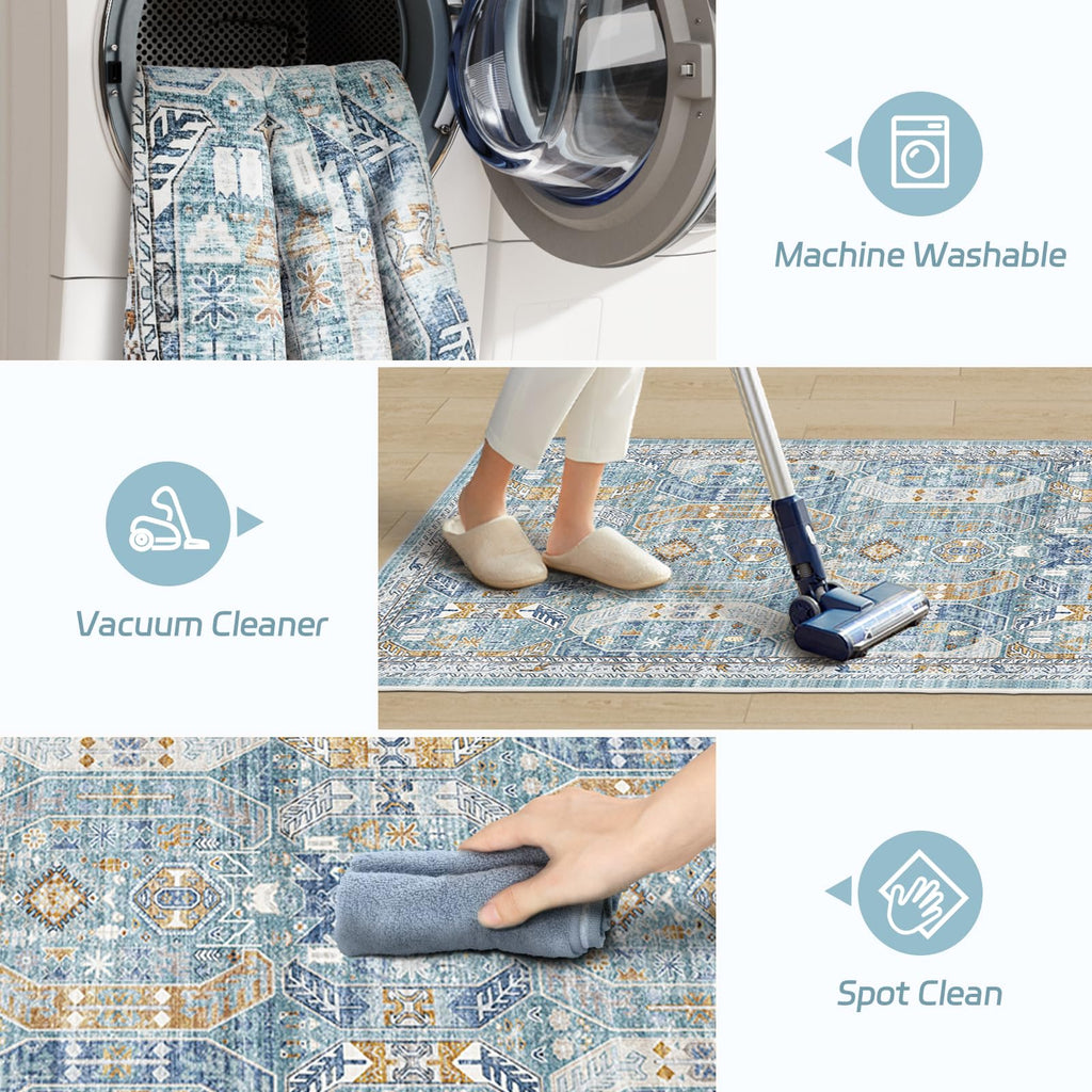 Kitchen Runner 2'6''x8' Soft Rug Runners for Hallways (Blue/Gold / 2'6" x 8' (Runner))