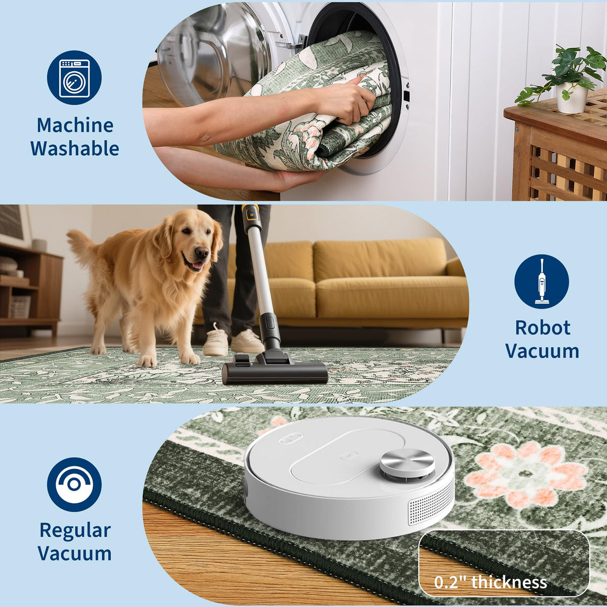 Sage Green 2x6 Washable Kitchen Runner Rugs Non Slip Provence Vintage Boho Cottage Long Rug for Hallways Bedroom Entryway Bathroom Mat with Rubber Back (Sage Grove / 2' x 6' (Runner))