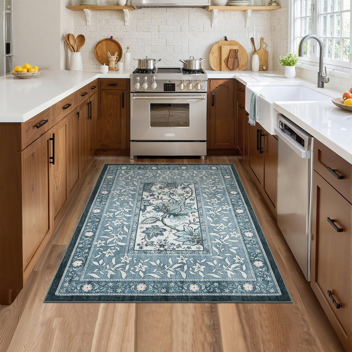 Provence Botanical Grove 4x6 Rug Vintage Cottagecore Retro Blue 4 x 6 Area Rug for Bedroom Living Room Nursery Kitchen Entryway Indoor Mat (Oriental Misty Blue / 4' x 6' (Rectangular))