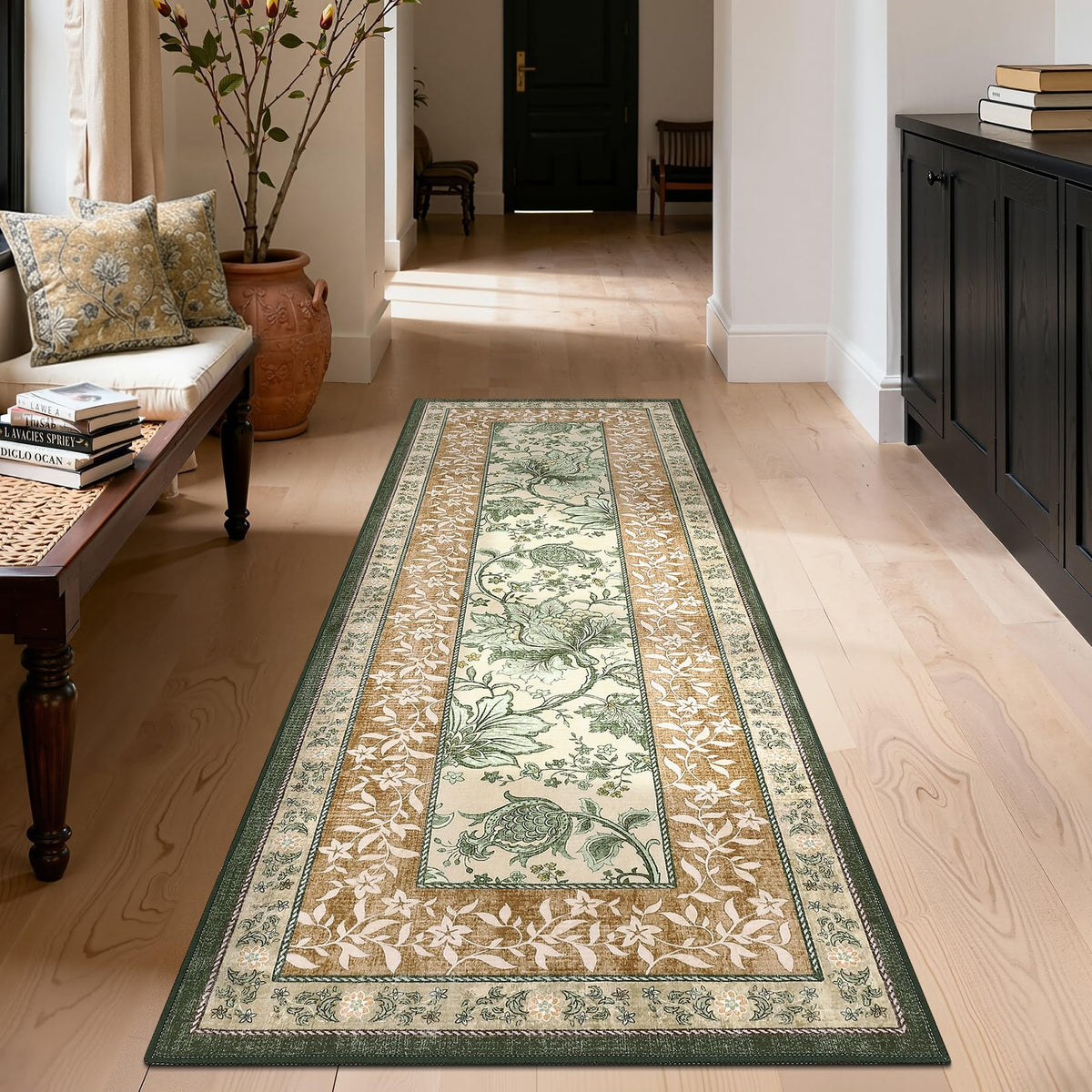 Terracotta Olive Sage Green 2x6 Washable Kitchen Runner Rugs Non Slip Provence Botanical Grove Vintage Boho Cottage Long Rug for Hallways Bedroom TPE Rubber Backing (Terracotta / Olive Sage Green / 2' x 6' (Runner))