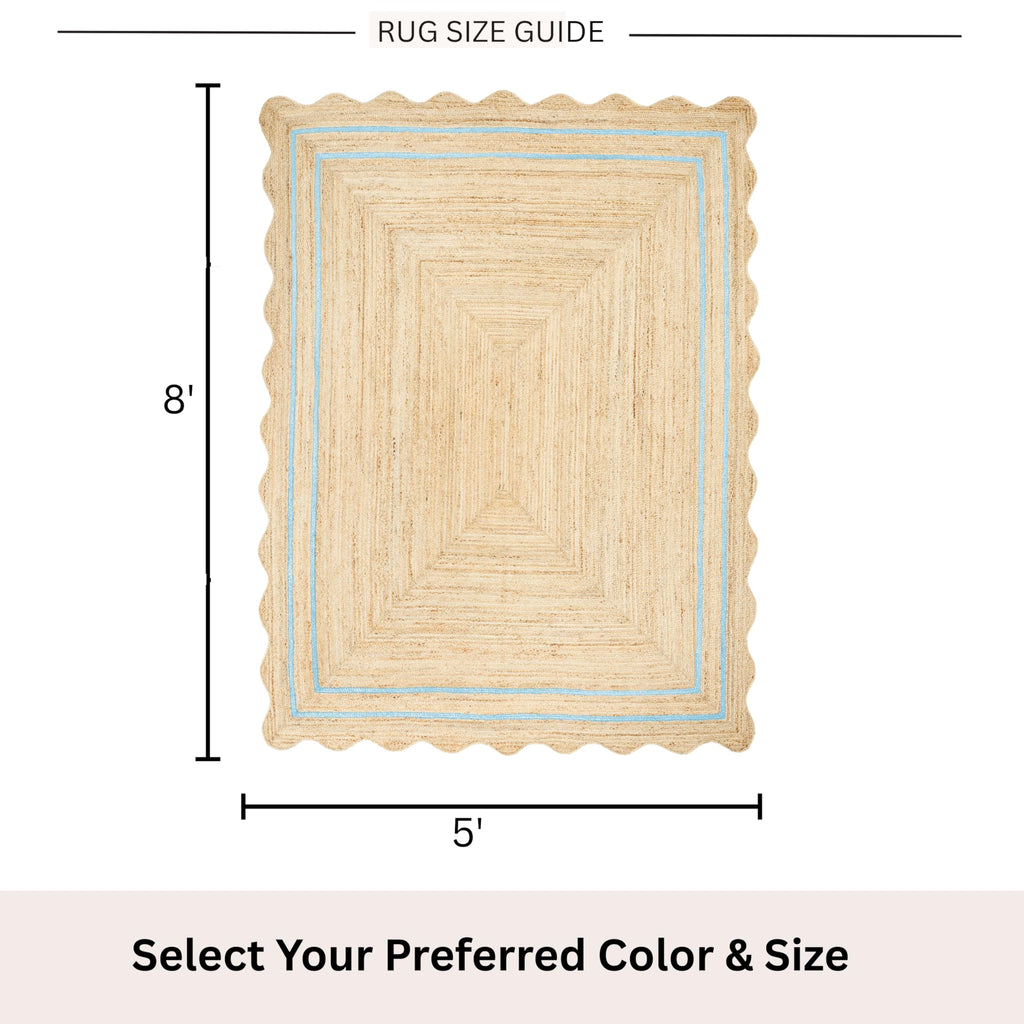 Wave Scalloped Jute Rug Entryway Natural Boho Area Rug Sky Blue 5'x8' (5'x8' / Sky Blue)