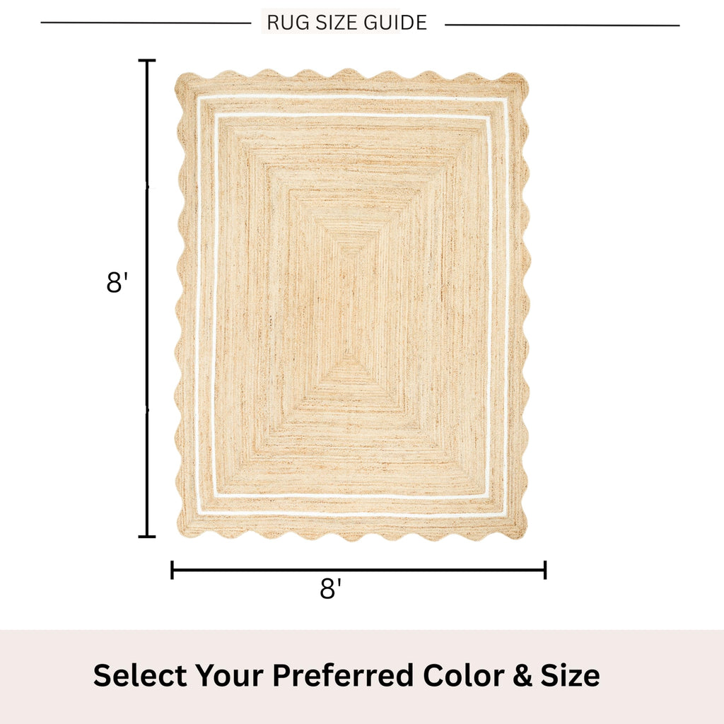 Wave Scalloped Jute Rug Entryway Natural Boho Area Rug Off (8'x8' / White)