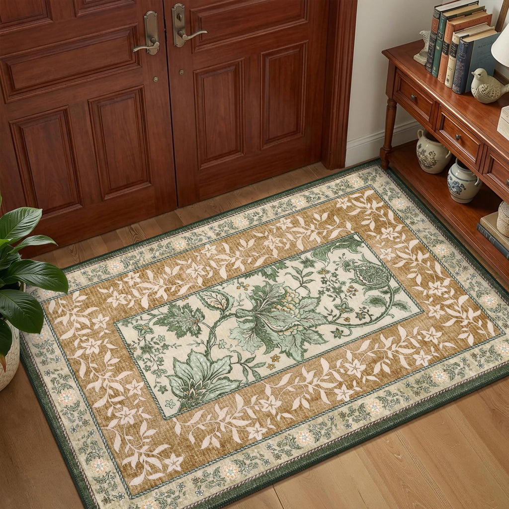 Terracotta Olive Sage Green 2x6 Washable Kitchen Runner Rugs Non Slip Provence Botanical Grove Vintage Boho Cottage Long Rug for Hallways Bedroom TPE Rubber Backing (Terracotta / Olive Sage Green / 2' x 6' (Runner))