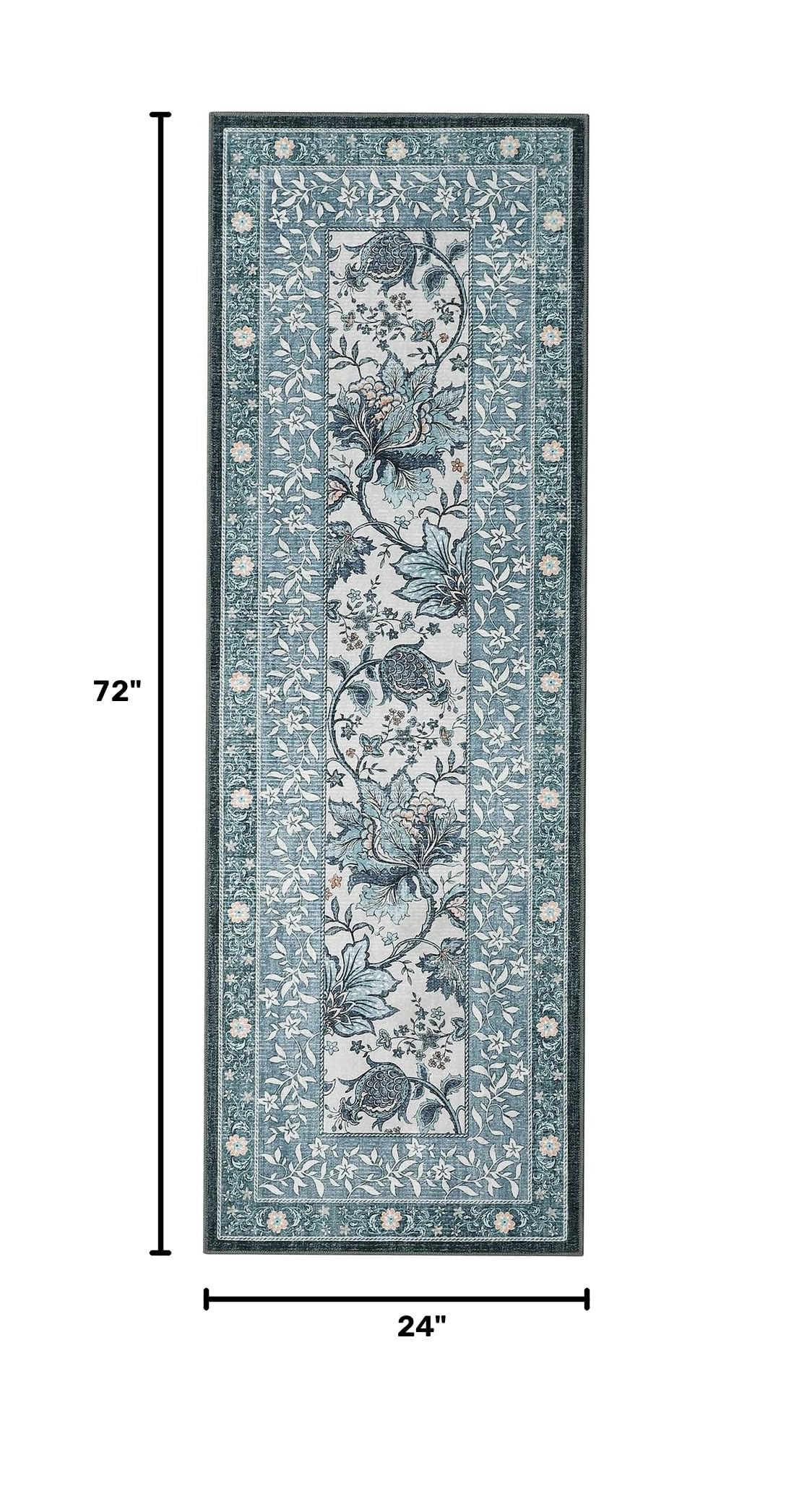 Provence Misty Blue 2x6 Washable Kitchen Runner Rugs Non Slip Vintage Boho Cottage Long Rug for Hallways Bedroom Entryway Bathroom Mat with Rubber Back (Oriental Misty Blue / 2' x 6' (Runner))
