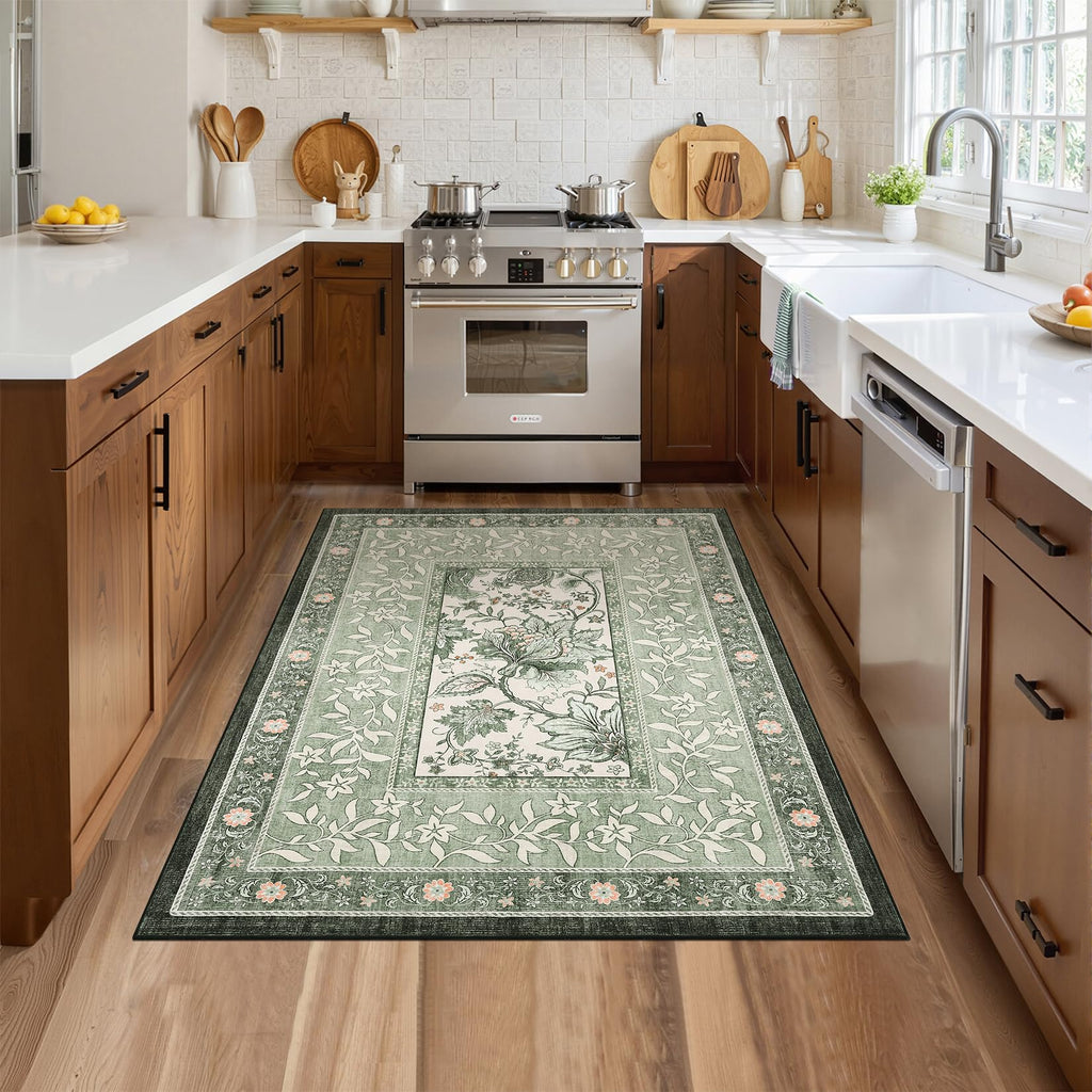 Provence Botanical Grove 4x6 Rug Sage Green Vintage Cottagecore Carpet 4 x 6 Area Rug for Bedroom Living Room Nursery Kitchen Entryway Indoor Mat (Sage Grove / 4' x 6' (Rectangular))