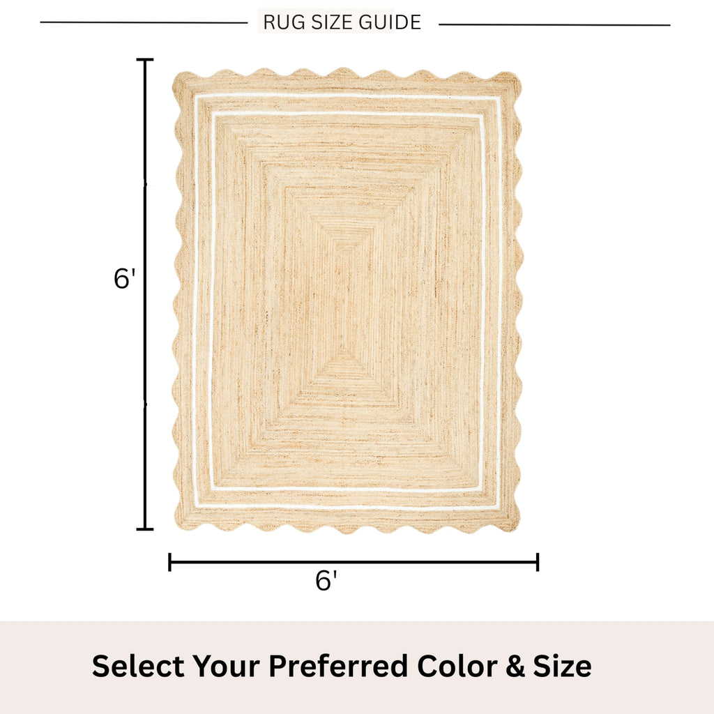 Wave Scalloped Jute Rug Entryway Natural Boho Area Rug Off (6'x6' / White)