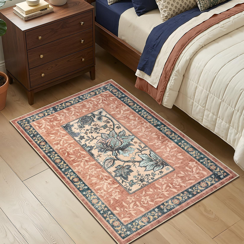 Terracotta Teal 2x3 Door Mat Indoor Rugs for Entryway Provence Small Botanical Grove Cottage core Washable Non (Terracotta / Teal / 2' x 3' (Rectangular))
