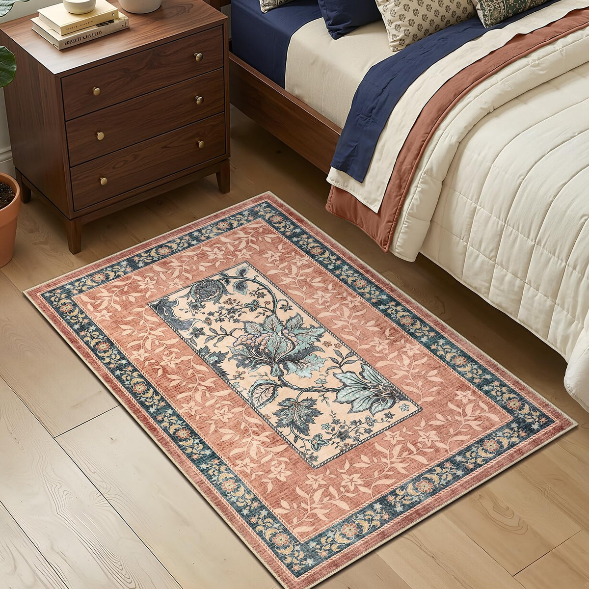 Terracotta Teal 2x3 Door Mat Indoor Rugs for Entryway Provence Small Botanical Grove Cottage core Washable Non (Terracotta / Teal / 2' x 3' (Rectangular))