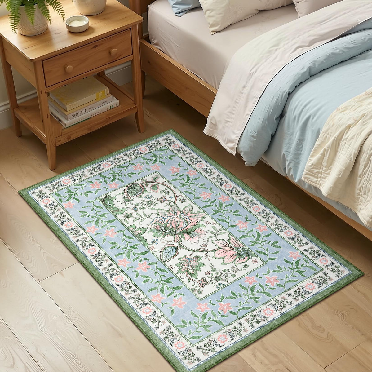 Blue Green Pink 2x3 Door Mat Indoor Rugs for Entryway Provence Small Botanical Grove Cottage core Washable Non (Blue Green Pink / 2' x 3' (Rectangular))