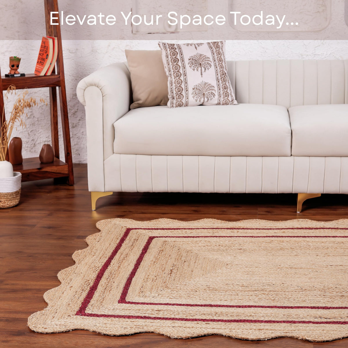 Wave Scalloped Jute Rug Entryway Natural Boho Area Rug Rustic Red 10'x12' (10'x12' / Rustic Red)