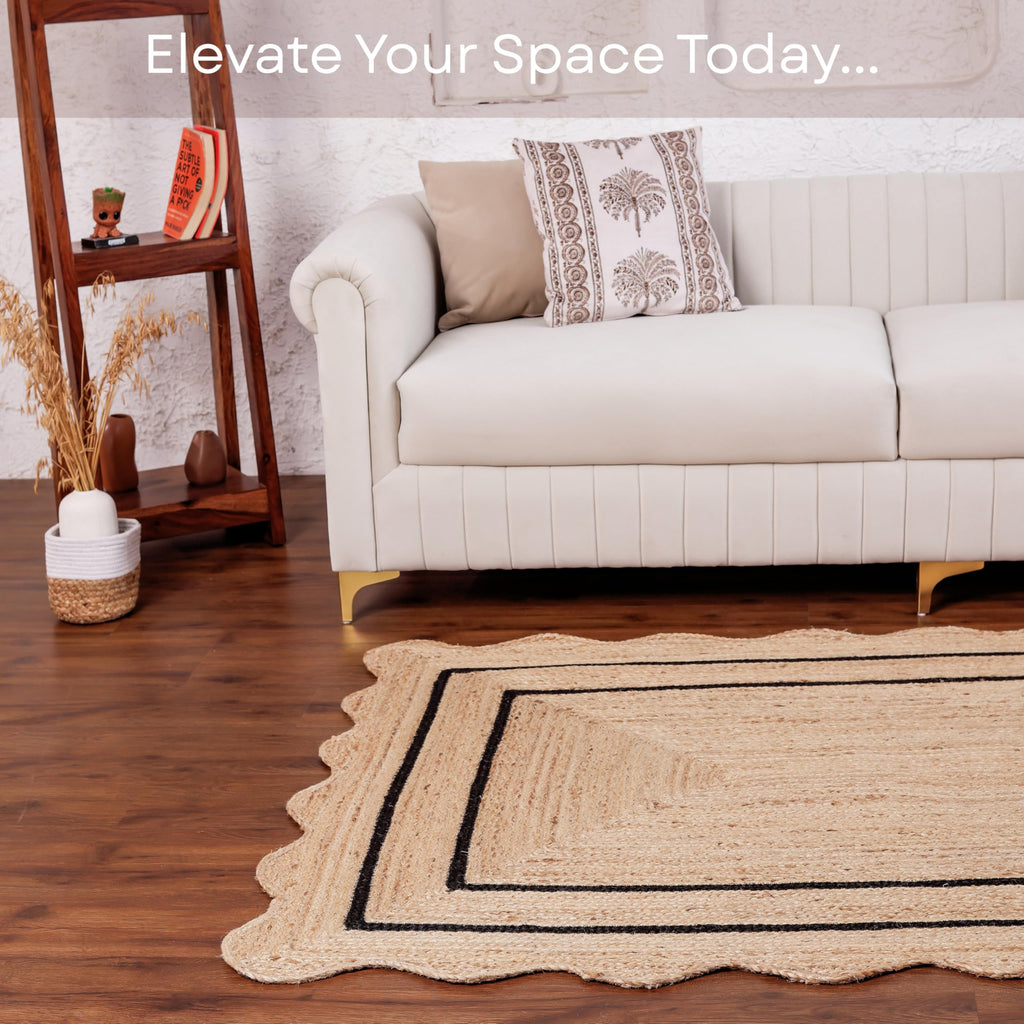 Wave Scalloped Jute Rug Entryway Natural Boho Area Rug 2'6"x4' Black (2'6"x4' / Black)