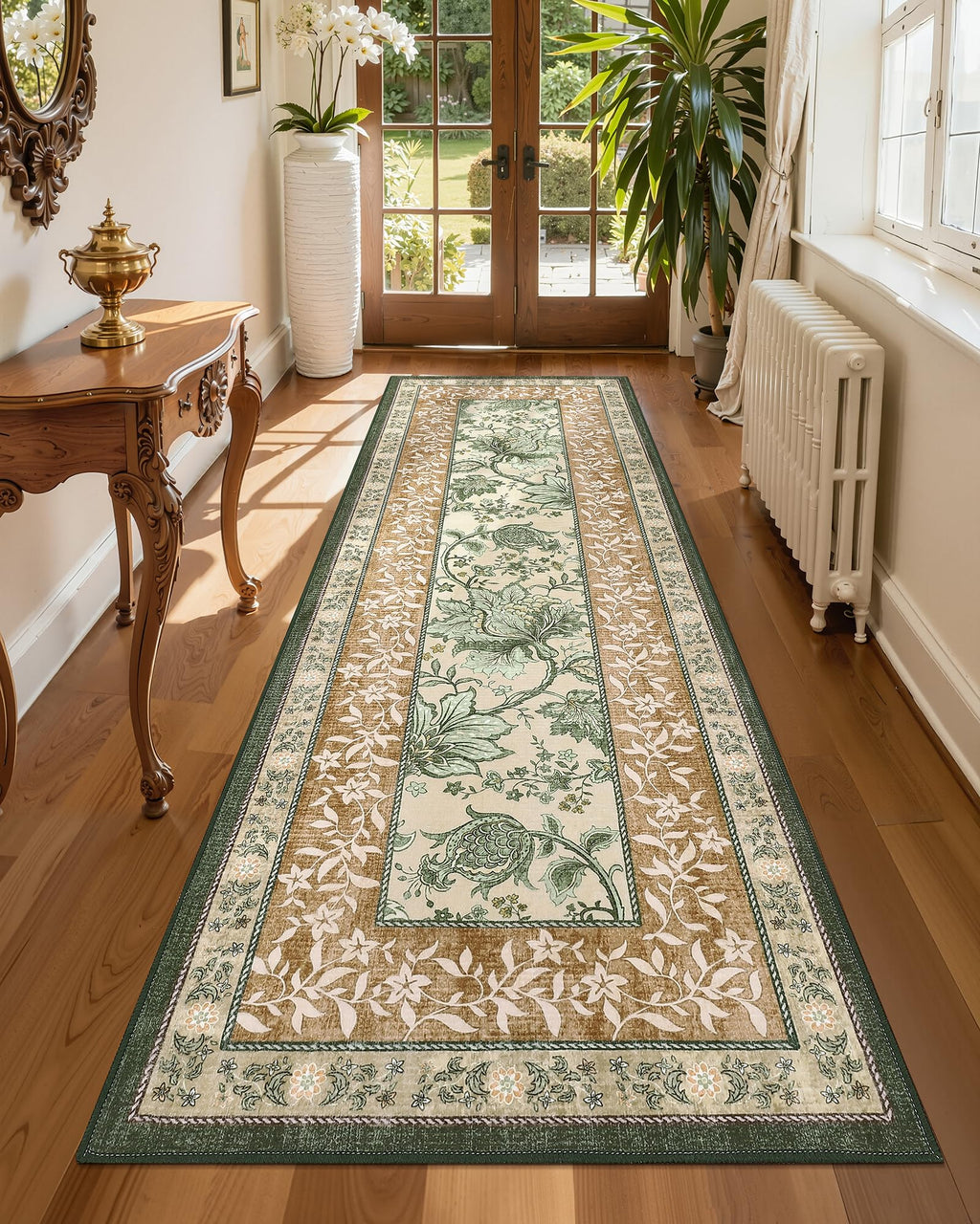 Terracotta Olive Sage Green 2x6 Washable Kitchen Runner Rugs Non Slip Provence Botanical Grove Vintage Boho Cottage Long Rug for Hallways Bedroom TPE Rubber Backing (Terracotta / Olive Sage Green / 2' x 6' (Runner))