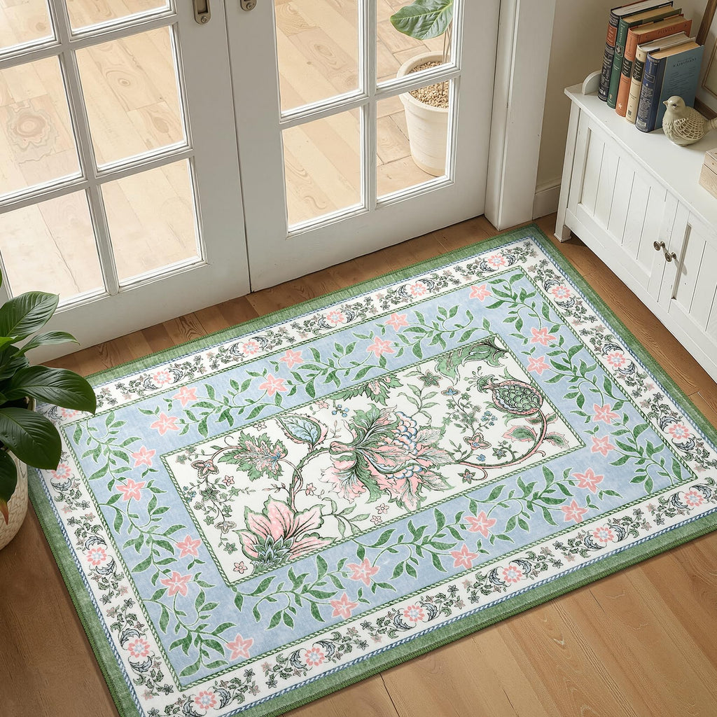 Blue Green Pink 2x6 Washable Kitchen Runner Rugs Non Slip Provence Botanical Grove Vintage Boho Cottage Long Rug for Hallways Bedroom TPE Rubber Backing (Blue Green Pink / 2' x 6' (Runner))