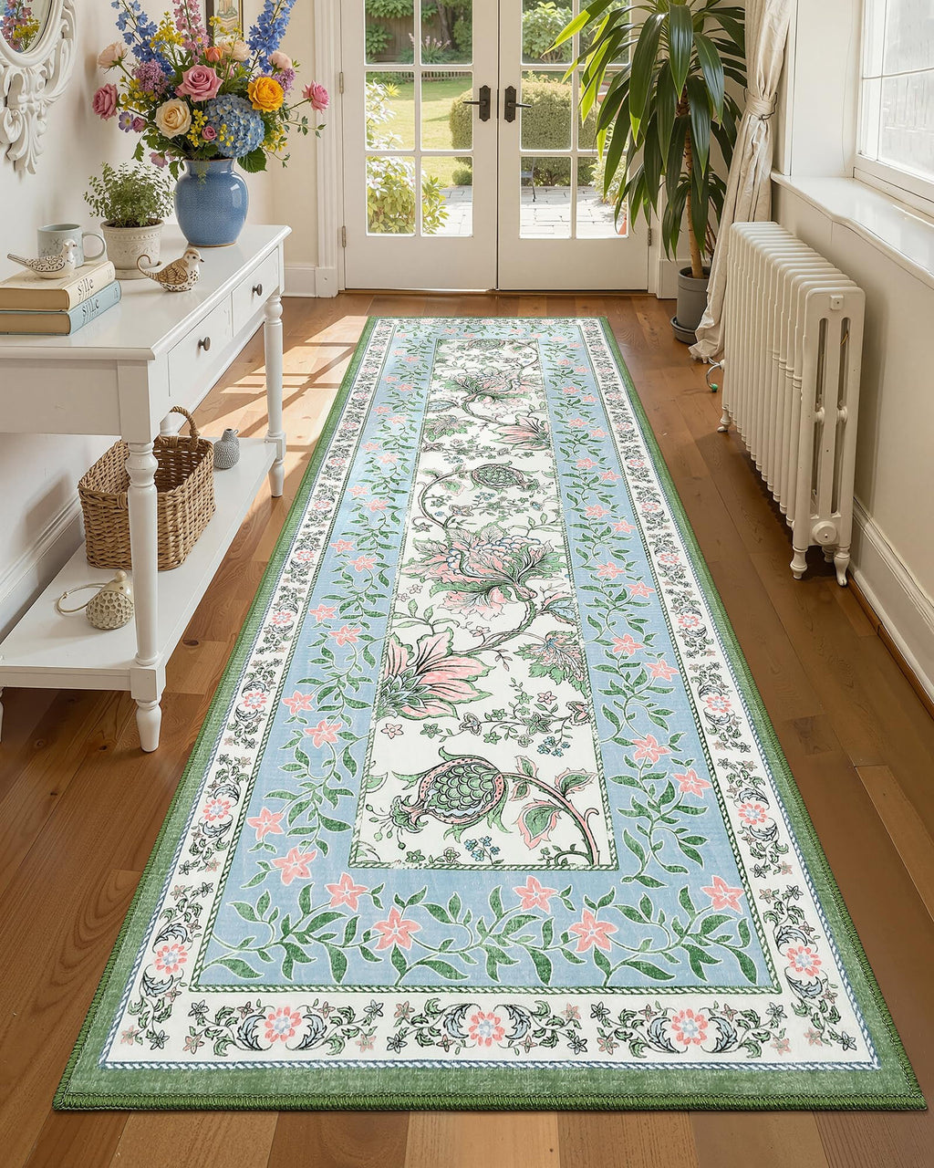 Blue Green Pink 2x6 Washable Kitchen Runner Rugs Non Slip Provence Botanical Grove Vintage Boho Cottage Long Rug for Hallways Bedroom TPE Rubber Backing (Blue Green Pink / 2' x 6' (Runner))