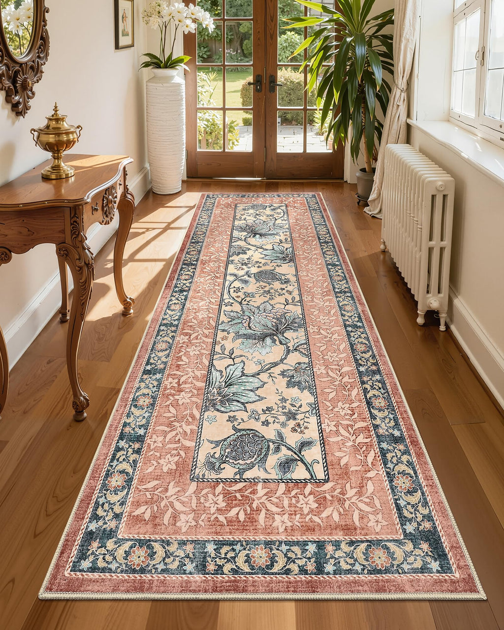 Terracotta Teal 2x6 Washable Kitchen Runner Rugs Non Slip Provence Botanical Grove Vintage Boho Cottage Long Rug for Hallways Bedroom TPE Rubber Backing (Terracotta / Teal / 2' x 6' (Runner))