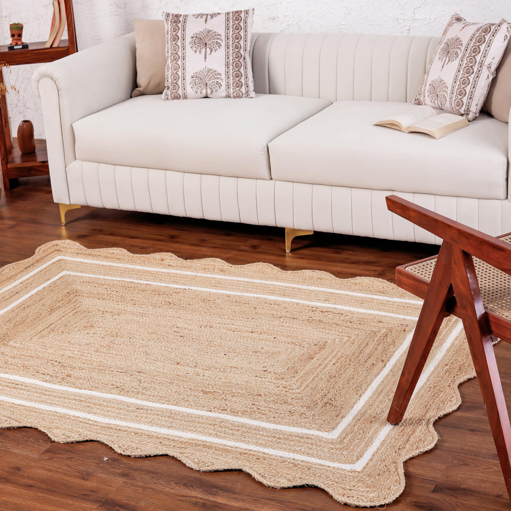 Wave Scalloped Jute Rug Entryway Natural Boho Area Rug Off (12'x18' / White)