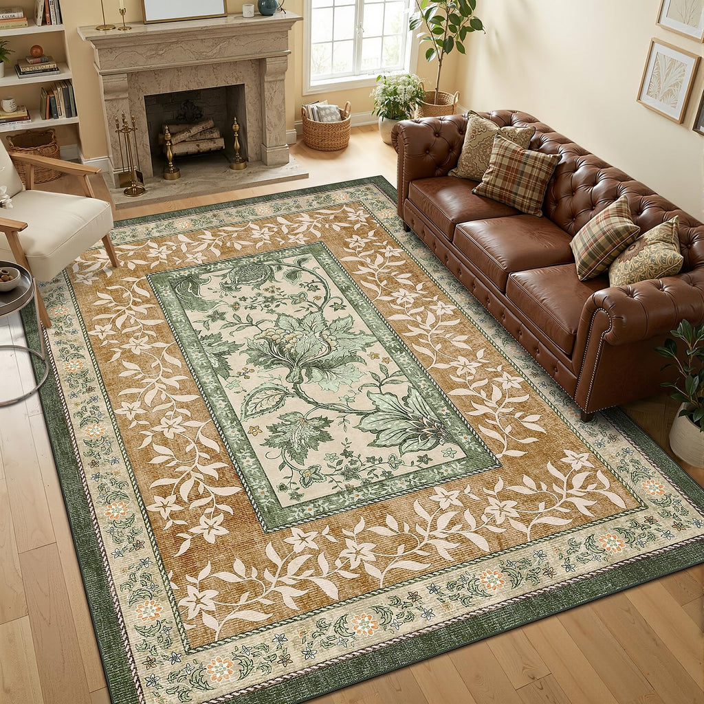 Terracotta Olive Sage Green Washable 6x9 Area Rugs (Terracotta / Olive Sage Green / 6' x 9' (Rectangular))