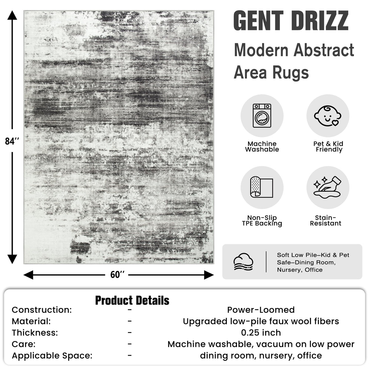 5x7 Area Rugs for Living Room (Black/Grey / 5' x 7' (Rectangular))