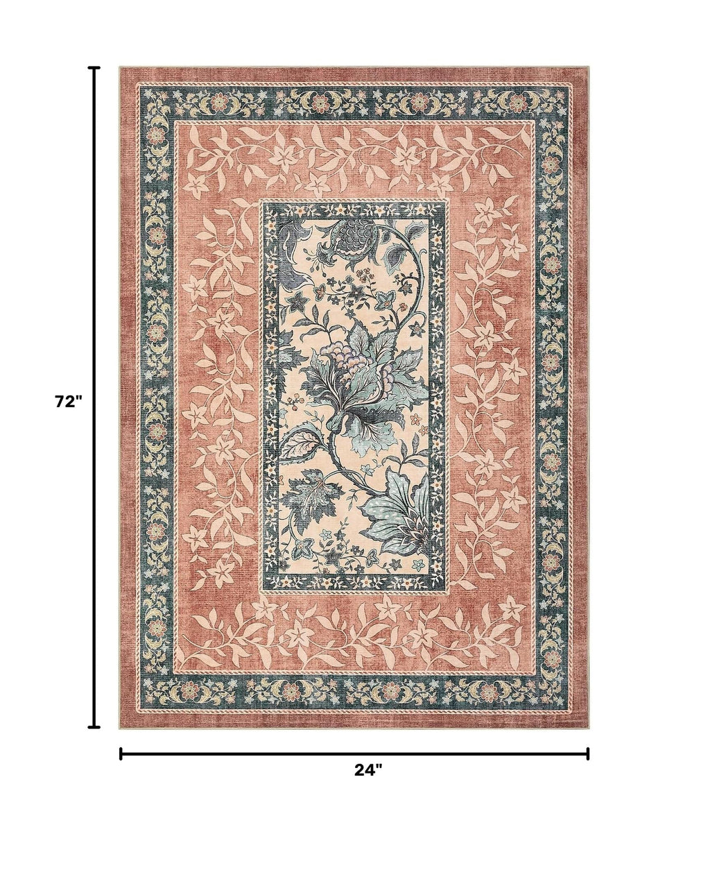 Terracotta Teal 2x6 Washable Kitchen Runner Rugs Non Slip Provence Botanical Grove Vintage Boho Cottage Long Rug for Hallways Bedroom TPE Rubber Backing (Terracotta / Teal / 2' x 6' (Runner))