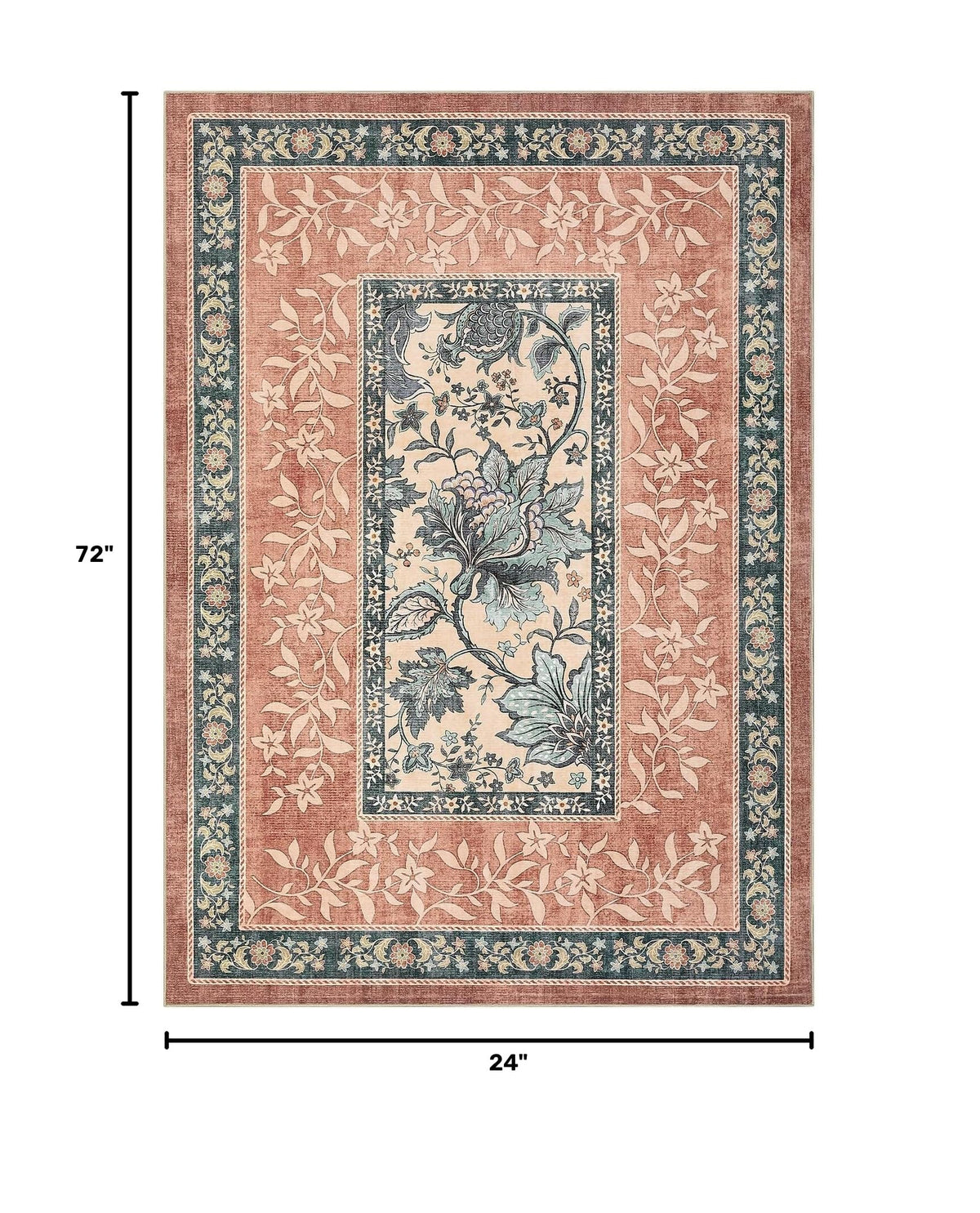 Terracotta Teal 2x6 Washable Kitchen Runner Rugs Non Slip Provence Botanical Grove Vintage Boho Cottage Long Rug for Hallways Bedroom TPE Rubber Backing (Terracotta / Teal / 2' x 6' (Runner))