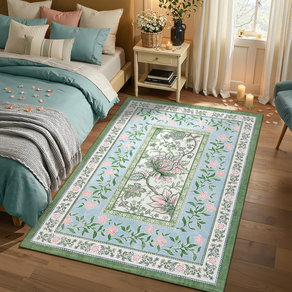 Blue Green Pink 2x6 Washable Kitchen Runner Rugs Non Slip Provence Botanical Grove Vintage Boho Cottage Long Rug for Hallways Bedroom TPE Rubber Backing (Blue Green Pink / 2' x 6' (Runner))