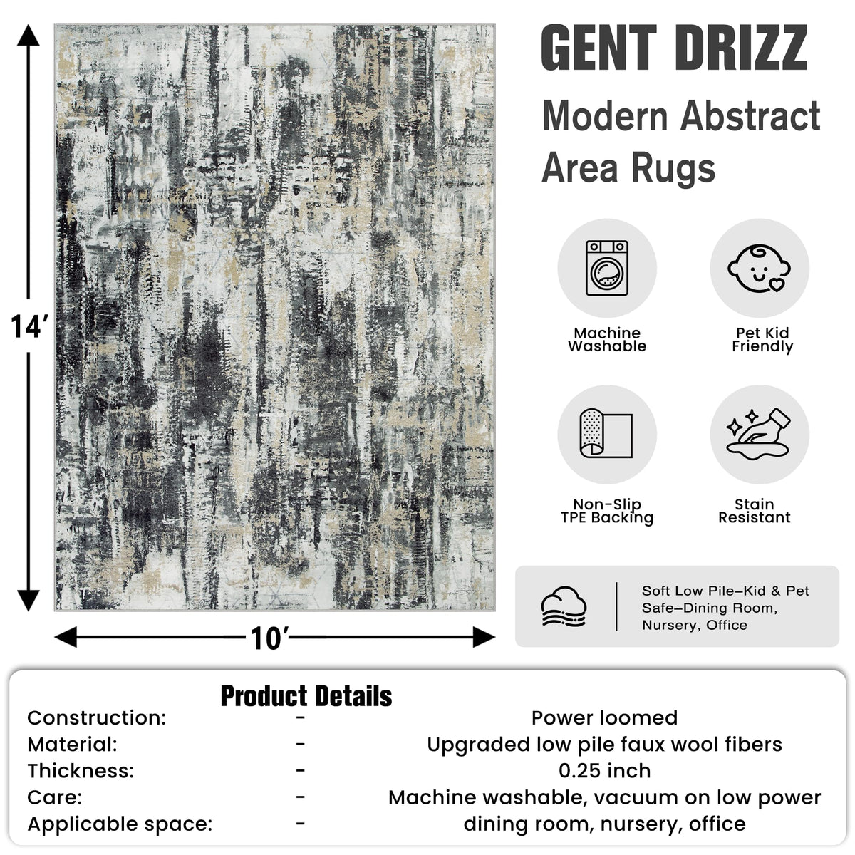 10x14 Area Rugs for Living Room (Black Grey/Gold / 10' x 14' (Rectangular))