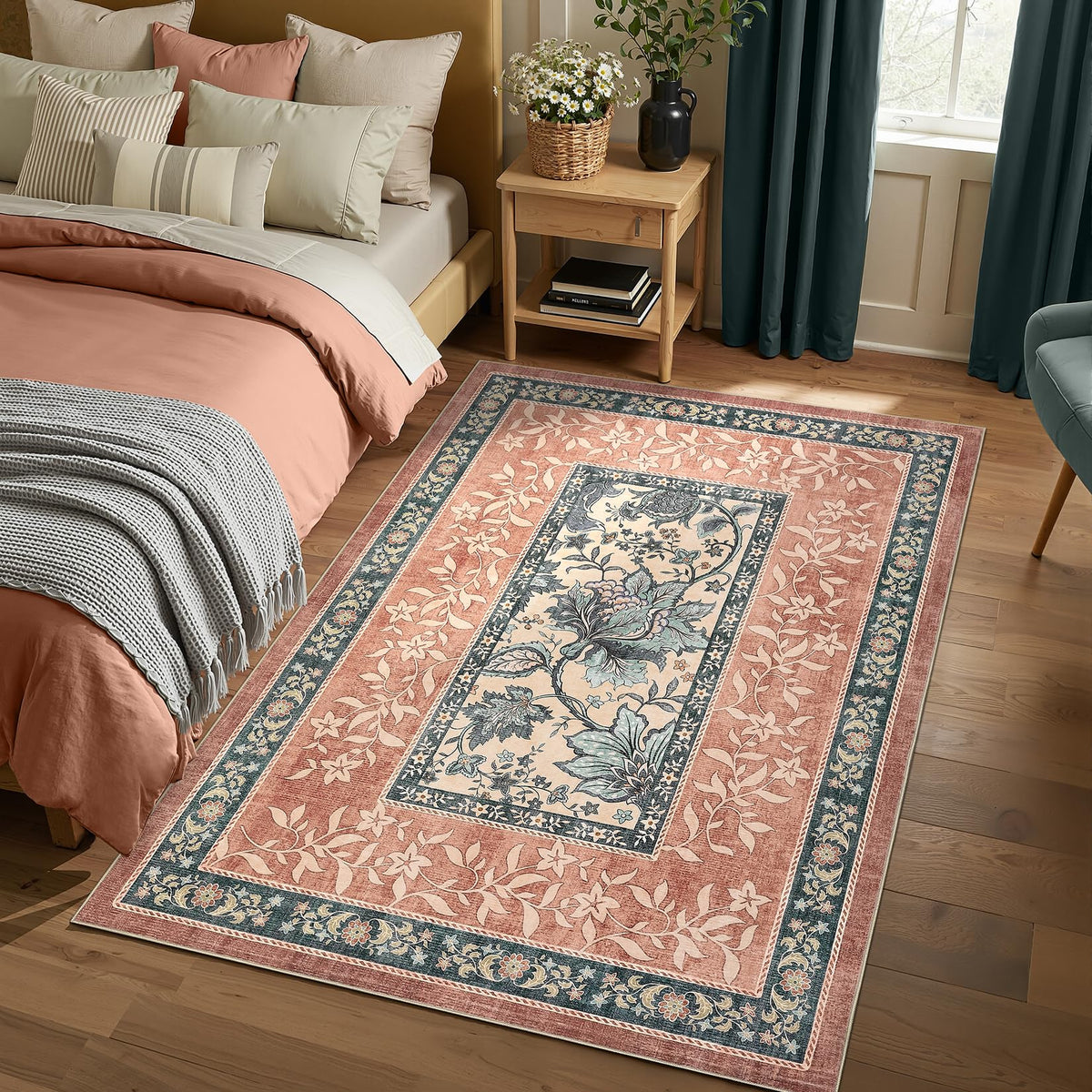 Terracotta Teal 2x3 Door Mat Indoor Rugs for Entryway Provence Small Botanical Grove Cottage core Washable Non (Terracotta / Teal / 2' x 3' (Rectangular))