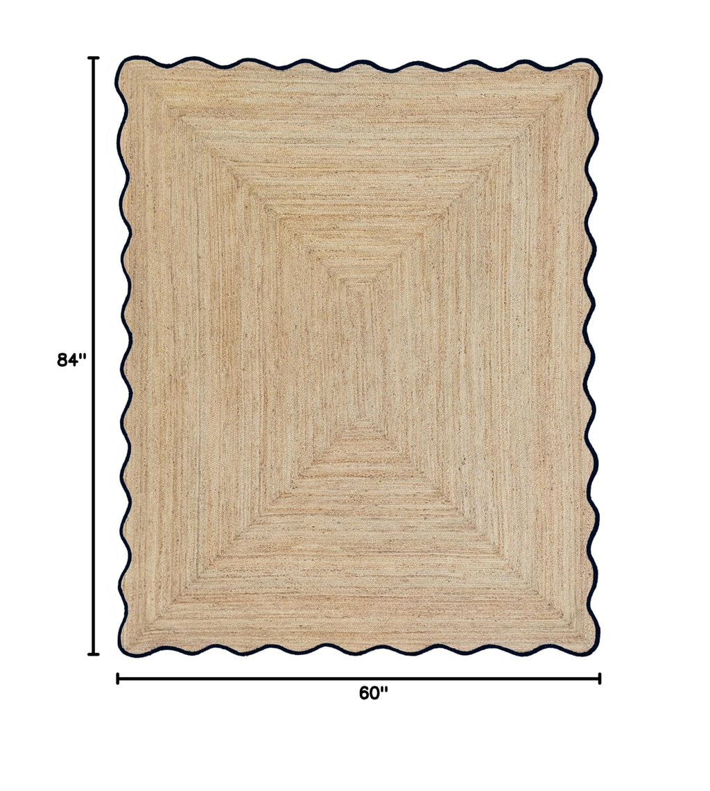 Wave Scalloped Natural Jute Rug (Black / 5'x7' (Rectangular))