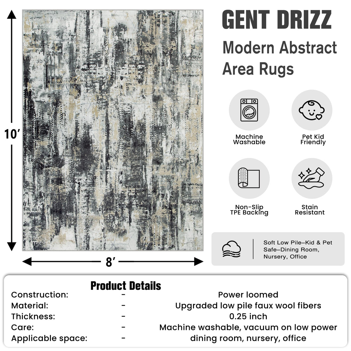 8x10 Area Rugs for Living Room (Black Grey/Gold / 8' x 10' (Rectangular))