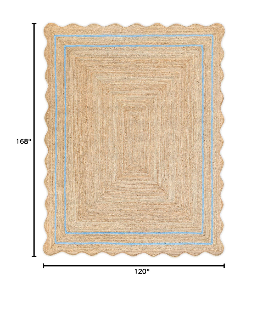 Wave Scalloped Natural Jute Boho Entryway Runner Farmhouse Scallop (Sky Blue / 10'x14' (Rectangular))