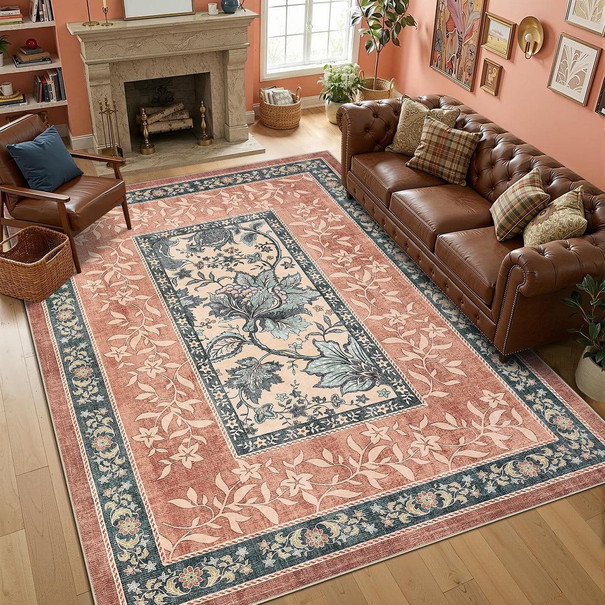 Terracotta Teal Washable 5x7 Area Rugs (Terracotta / Teal / 5' x 7' (Rectangular))