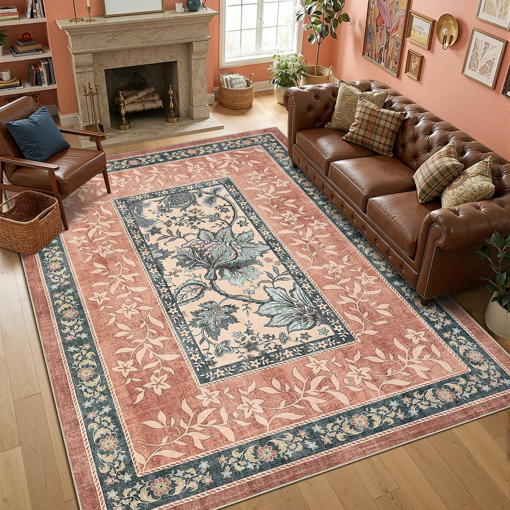 Terracotta Teal 2x6 Washable Kitchen Runner Rugs Non Slip Provence Botanical Grove Vintage Boho Cottage Long Rug for Hallways Bedroom TPE Rubber Backing (Terracotta / Teal / 2' x 6' (Runner))