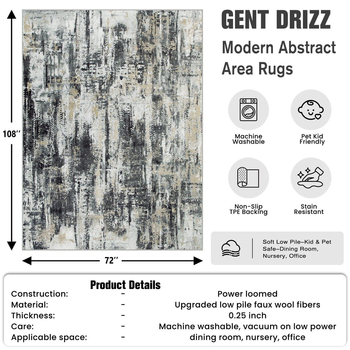 6x9 Area Rugs for Living Room (Black Grey/Gold / 6' x 9' (Rectangular))