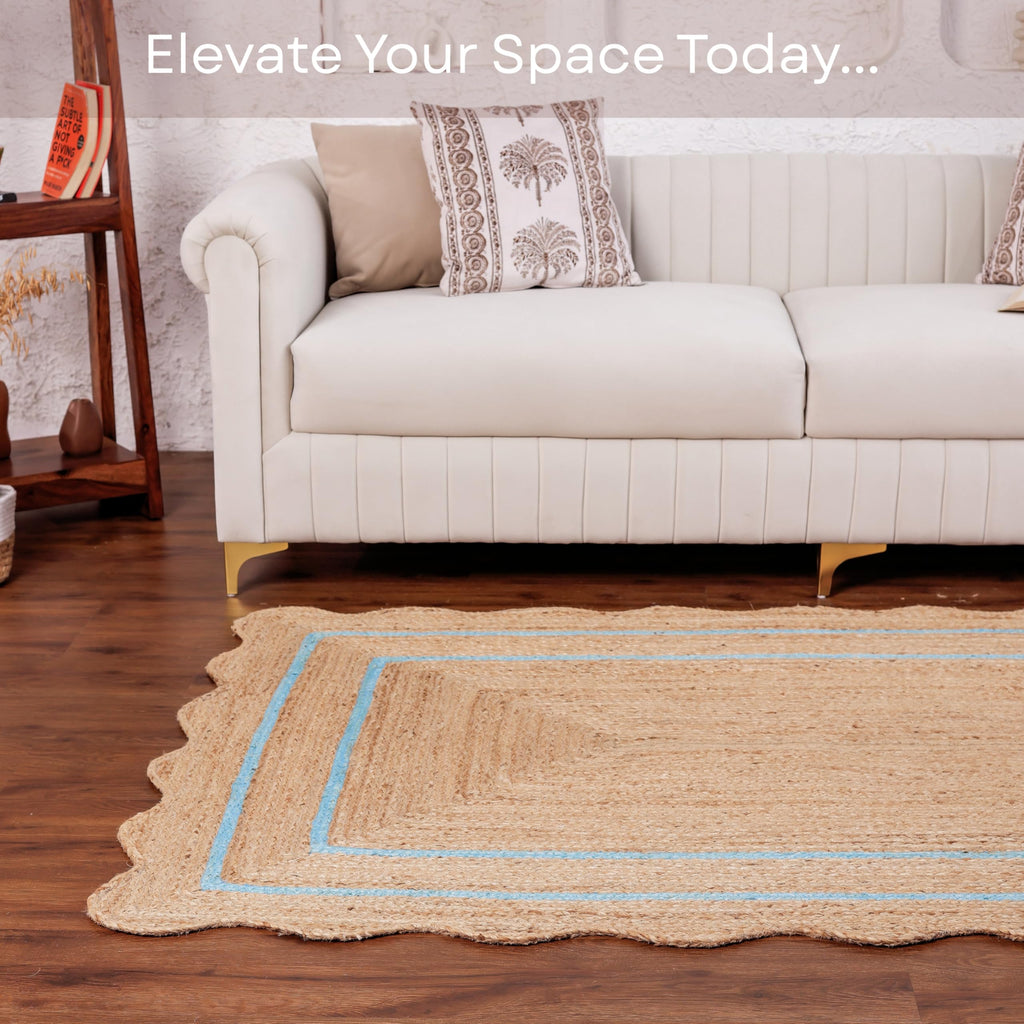 Wave Scalloped Jute Rug Entryway Natural Boho Area Rug Sky Blue 12'x12' (12'x12' / Sky Blue)
