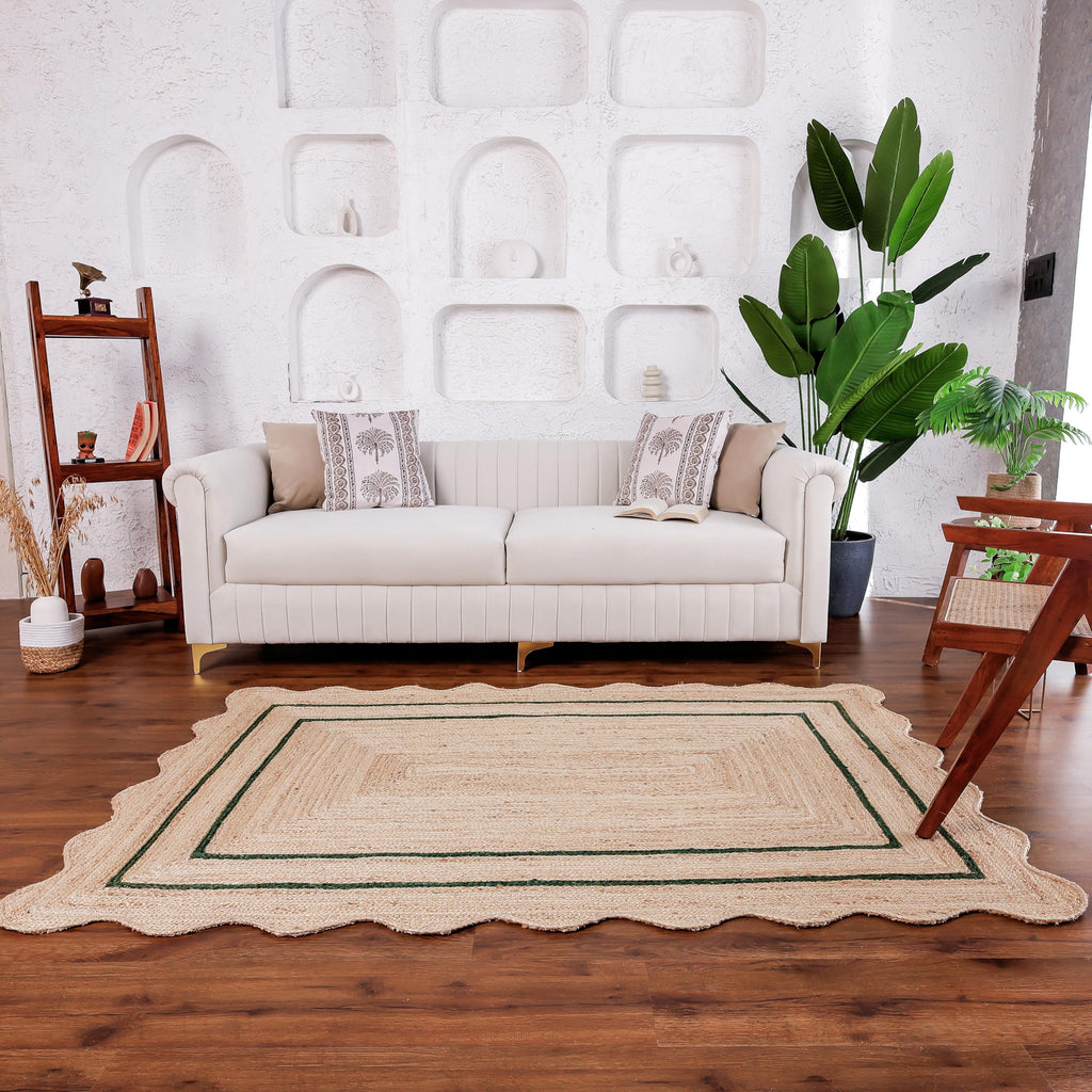 Wave Scalloped Jute Rug Entryway Natural Boho Area Rug Green 10'x14' (10'x14' / Emerald Green)