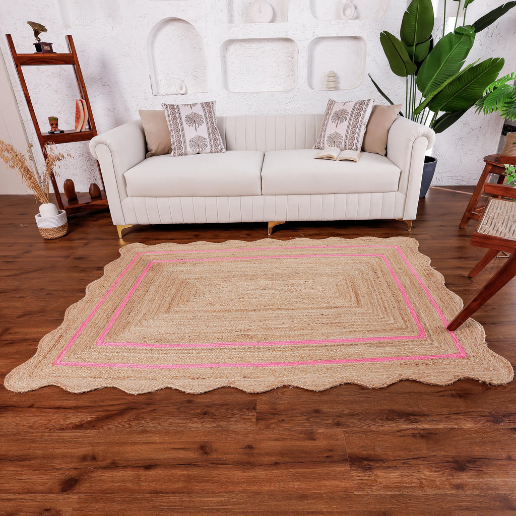 Wave Scalloped Jute Rug Entryway Natural Boho Area Rug Dark Pink 5'x7' (5'x7' / Dark Pink)