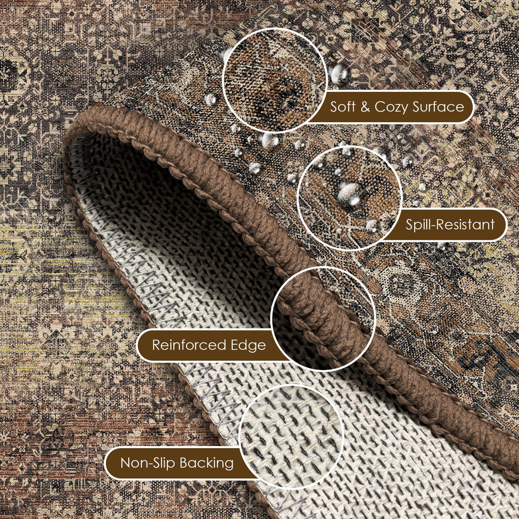 Washable Area Rug 5' x 7' Vintage Traditional Persian Mat (Umber and Slate / 5' x 7' (Rectangular))