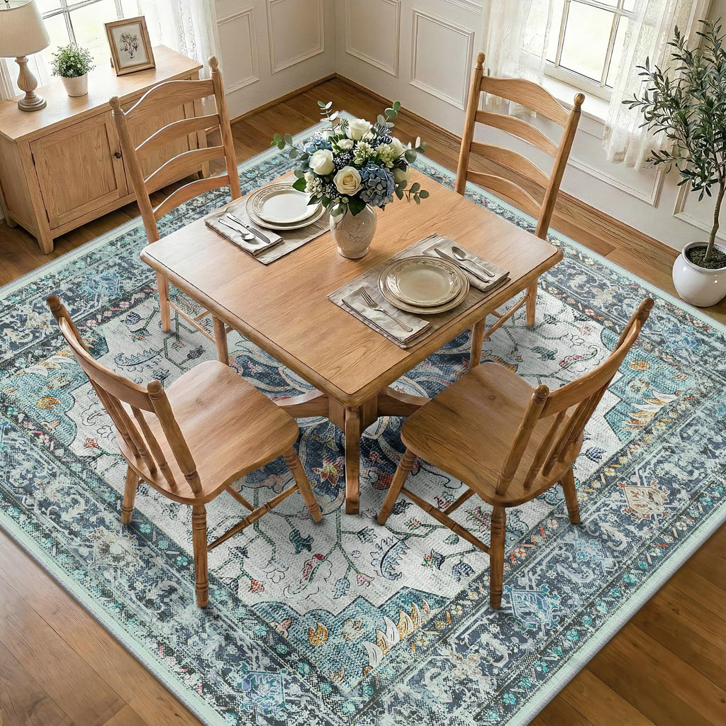 Washable Area Rug (Teal Green/White/Navy / 6' x 6' (Square))