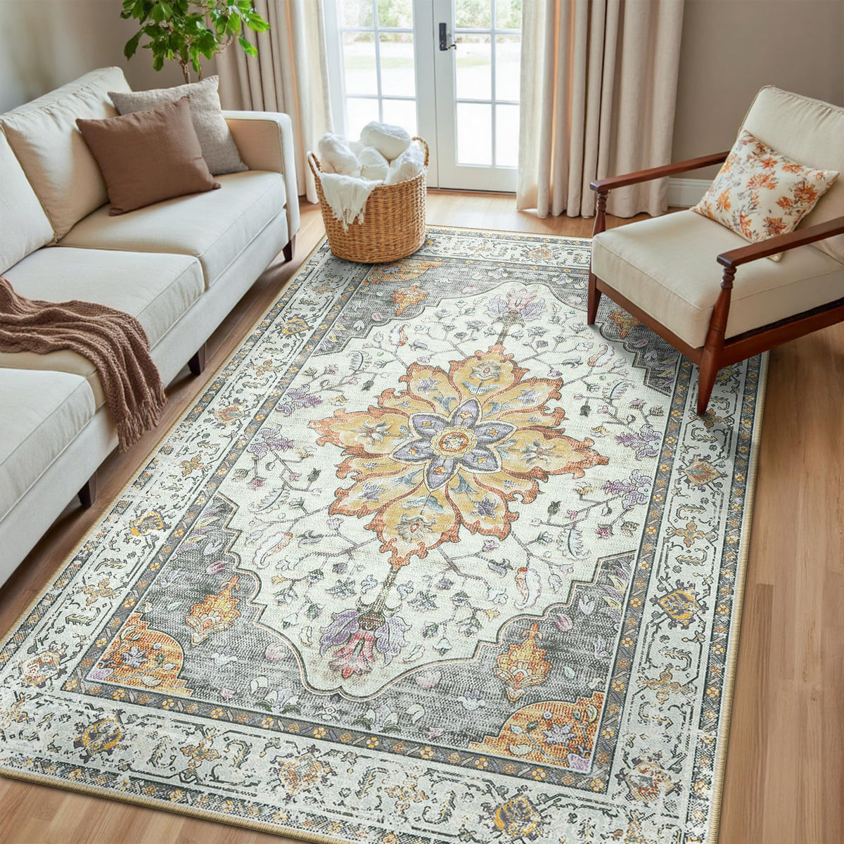 Washable Area Rug (Beige/Carbon Grey/Orange / 5' x 8' (Rectangular))