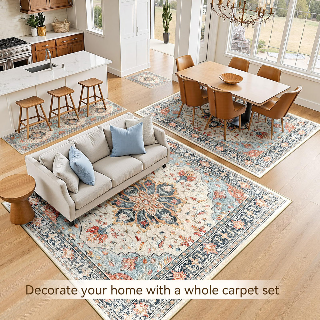Washable Area Rug (Beige/Blue/Orange / 2' x 10' (Rectangular))