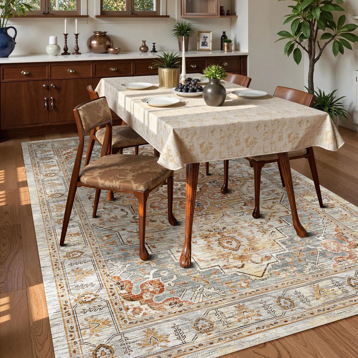 Washable Area Rug 9' x 12' Vintage Traditional Persian Mat (Dove Gray and Coral / 9' x 12' (Rectangular))